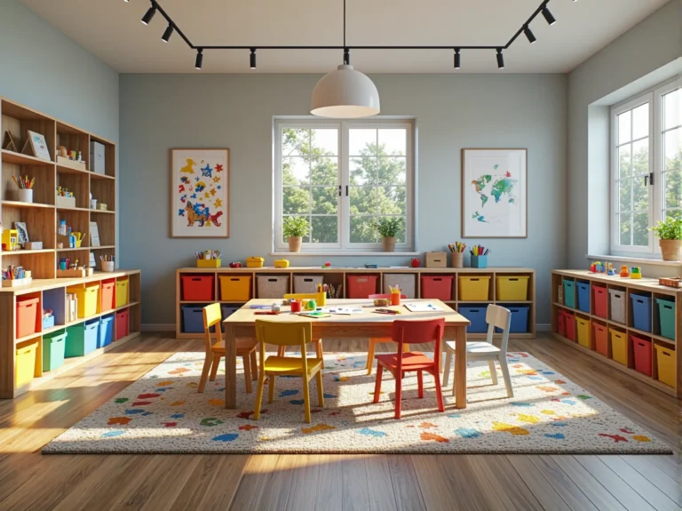 Drewniany stolik dla dzieci z kolorowymi krzesełkami do rysowania