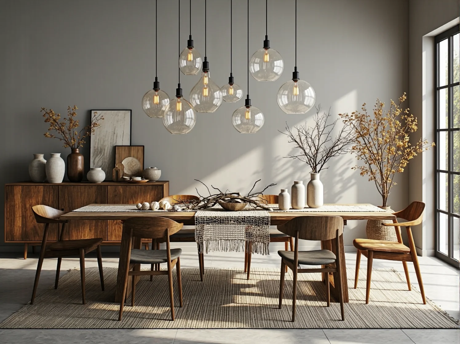 Jadalnia eco-boho ze stołem z litego drewna i wiszącą lampą, podkreślająca użycie naturalnych materiałów.