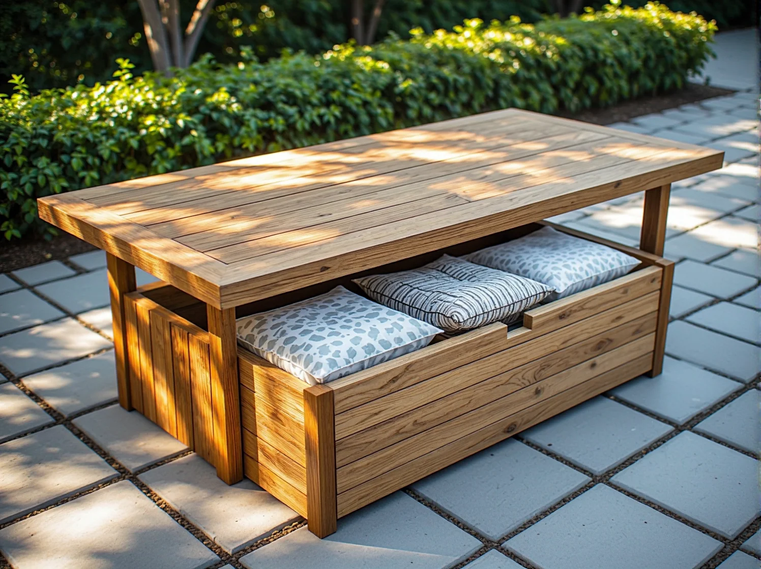 Stylowa aranżacja tarasu ze stołem ogrodowym ze schowkiem, gotowym na przyjęcie gości.