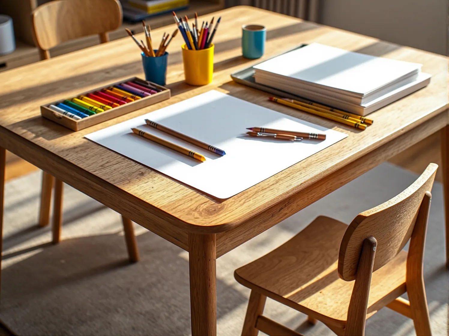 Dziewczynka siedząca przy białym stoliku i rysująca kredkami na kartce papieru.