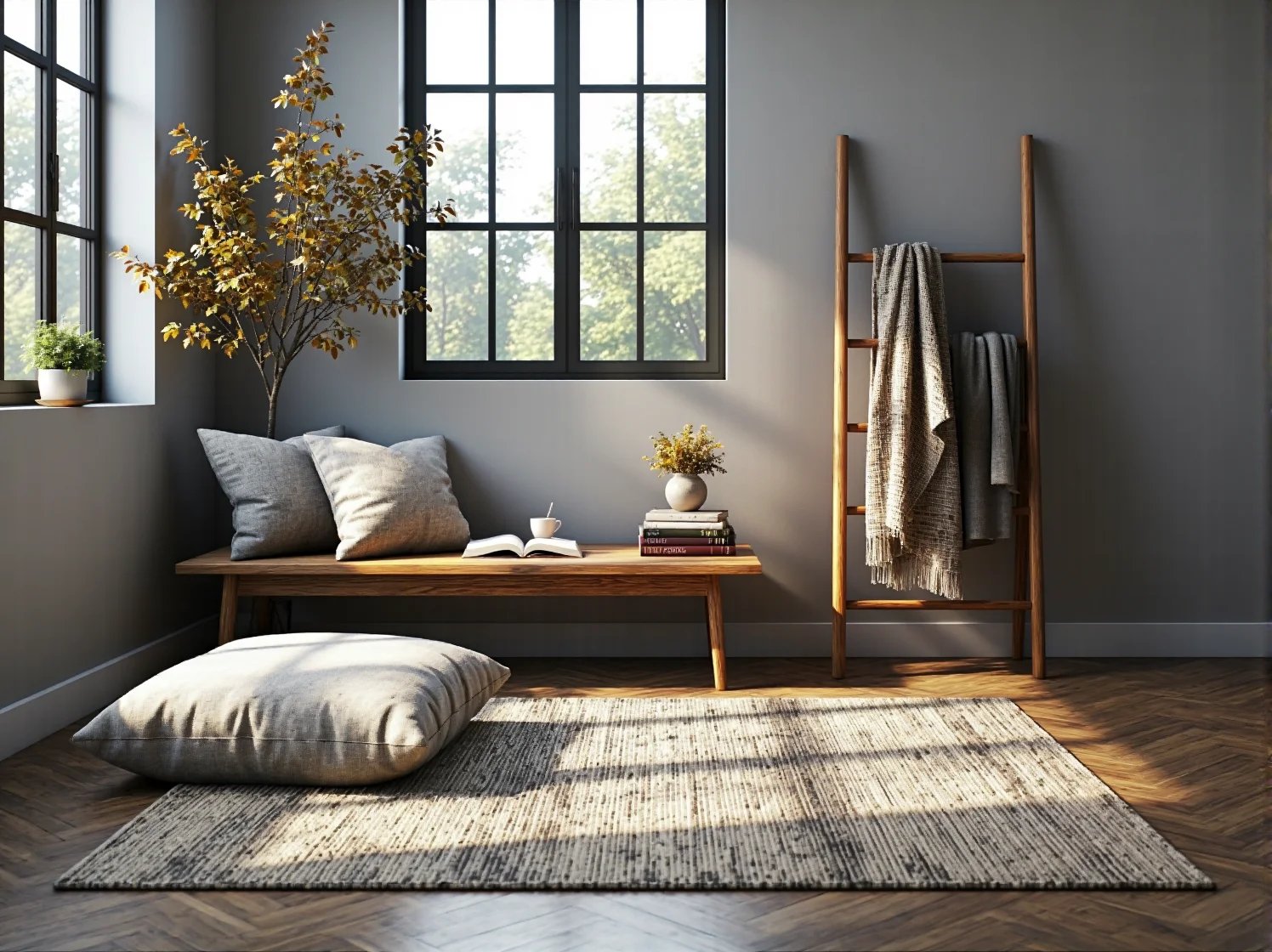 Kompaktowy stolik kawowy w przytulnym, jasnym salonie w klimacie boho