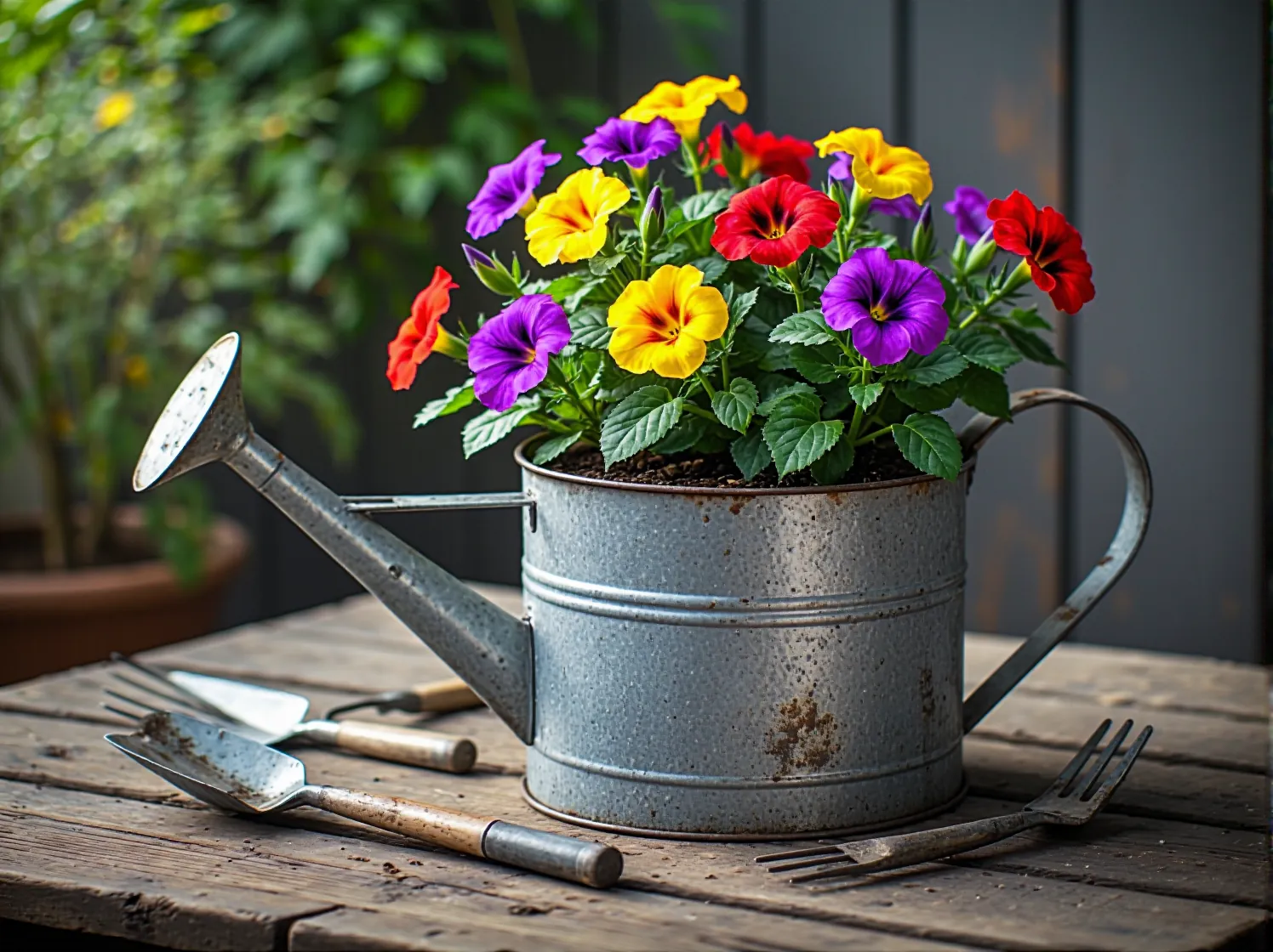 Zbliżenie na stolik kawowy DIY wykonany ze starej opony i drewnianego blatu, stojący na tarasie wśród zieleni.