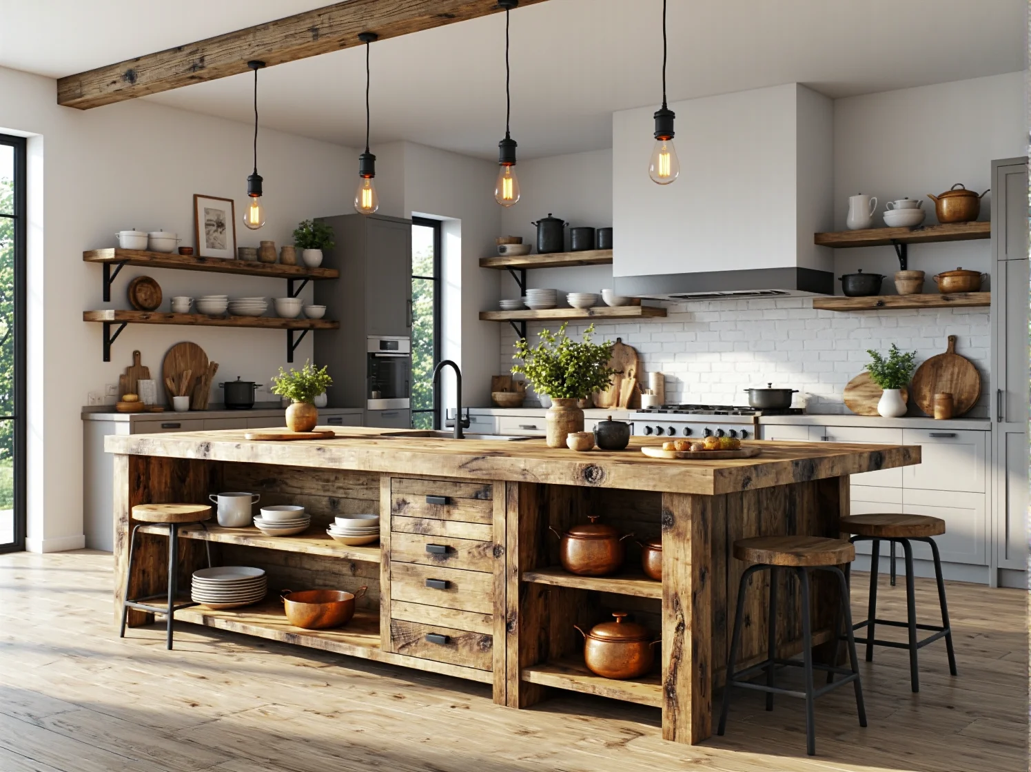 Drewniany stolik kawowy w stylu rustykalnym obok nowoczesnej sofy w przestrzeni dziennej