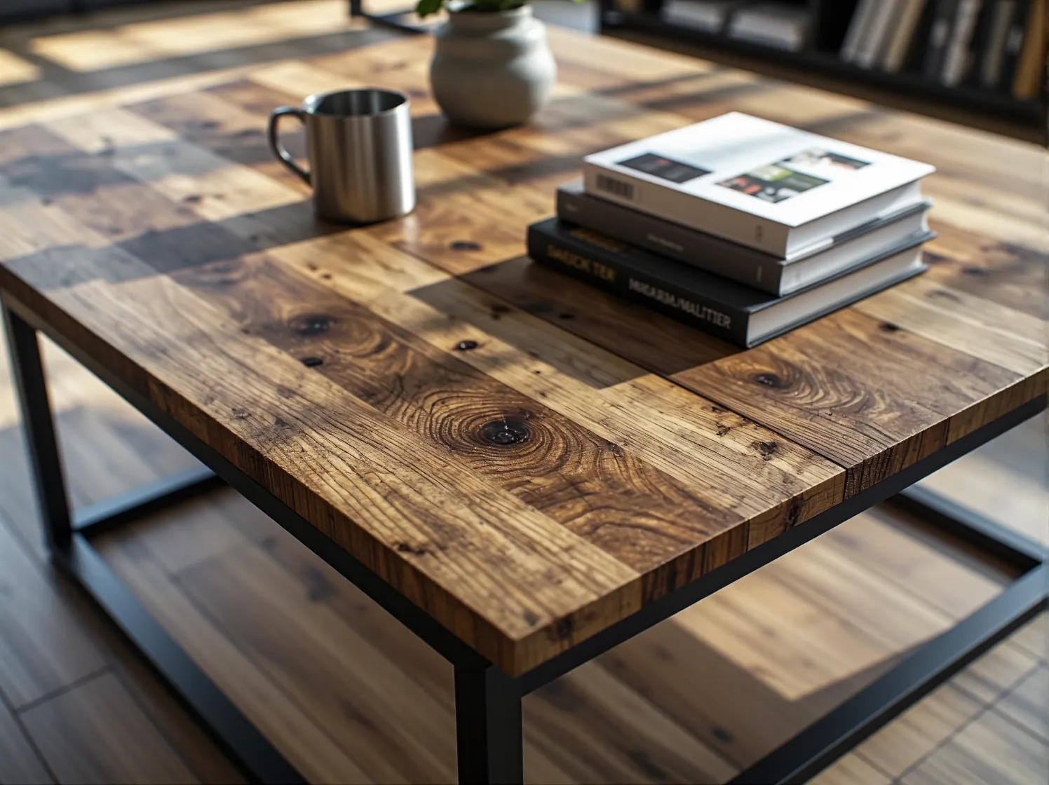 Zbliżenie na metalową podstawę i gruby, dębowy blat industrialnego stolika kawowego. Solidna i trwała konstrukcja.