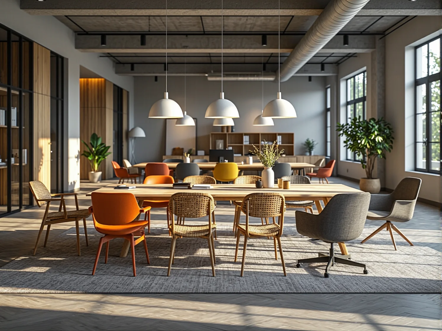 Minimalistyczna strefa relaksu w biurze coworkingowym z sofą i fotelami w stylu skandynawskim.