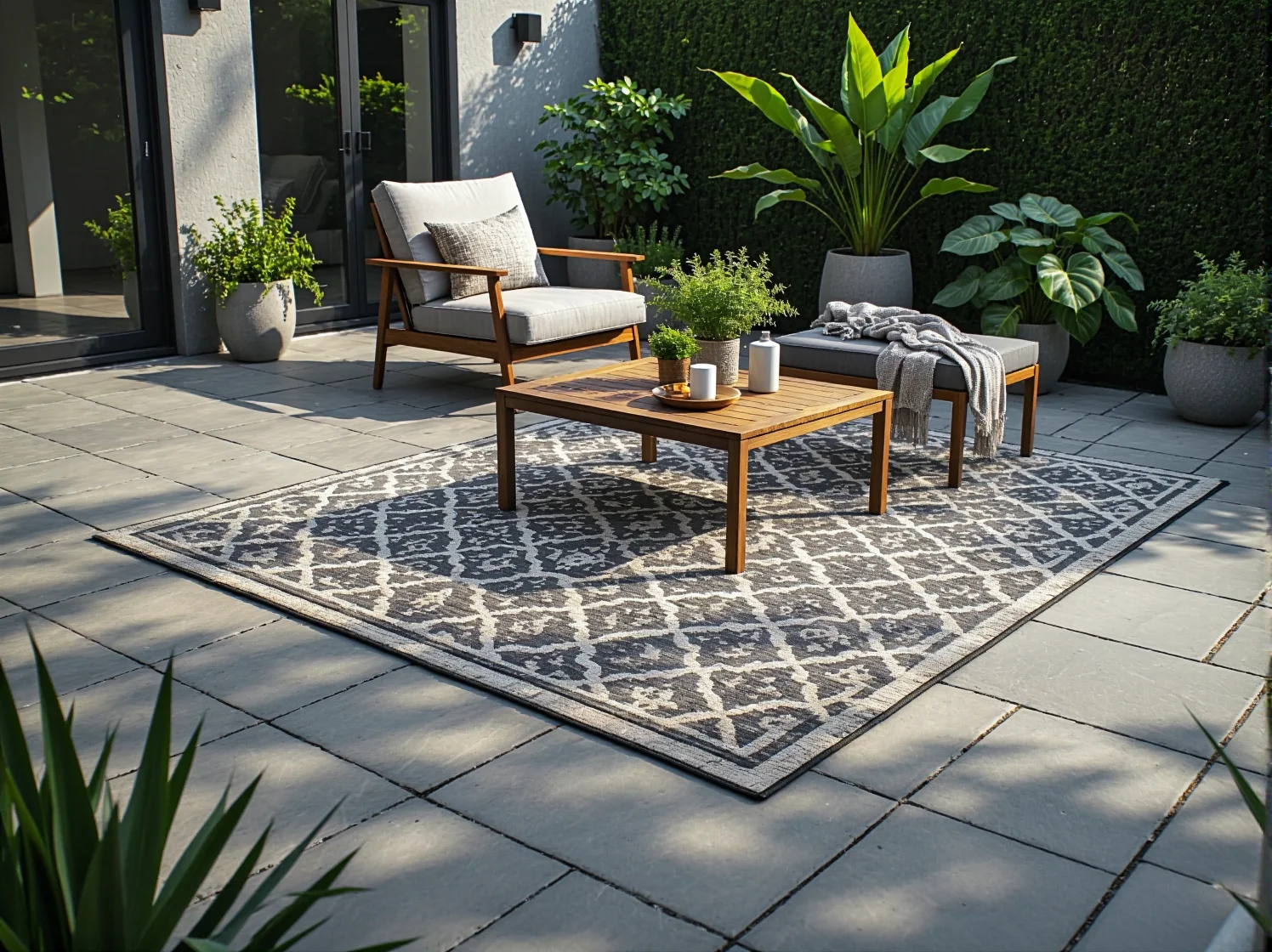 Strefowanie światłem na tarasie: podświetlenie roślin oraz kącika wypoczynkowego ciepłym blaskiem.