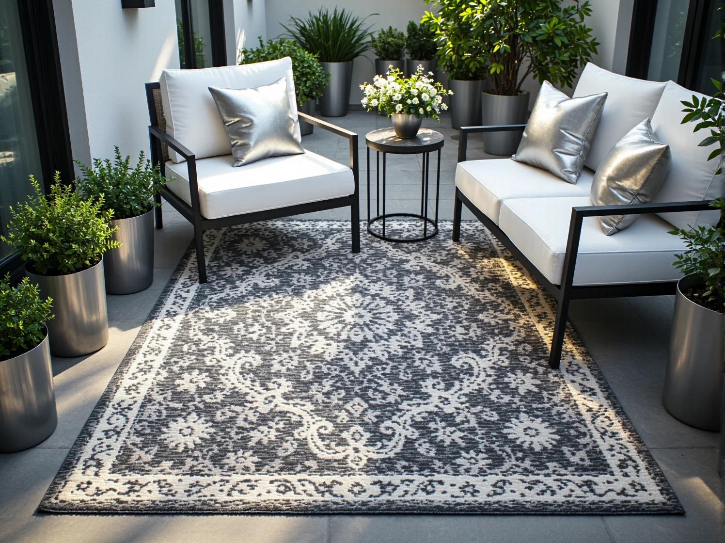 Stylowa strefa relaksu na tarasie z meblami ogrodowymi glamour i dekoracyjnymi donicami.