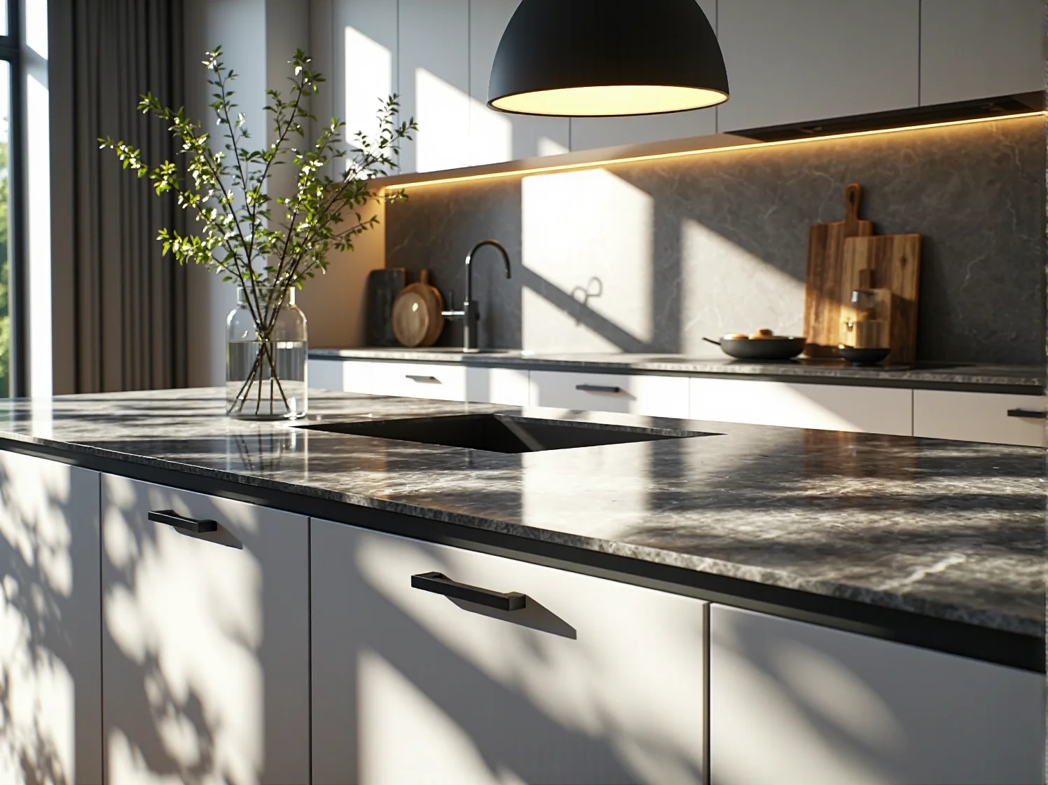 Szklana lampa wisząca jako centralny punkt oświetlenia w kuchni z przeszkleniami.