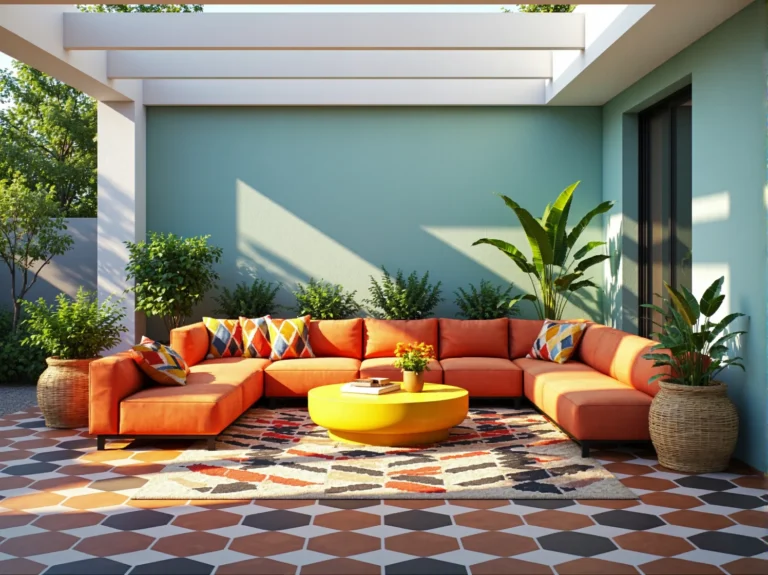 Pomarańczowa sofa modułowa narożna z kolorowymi poduszkami