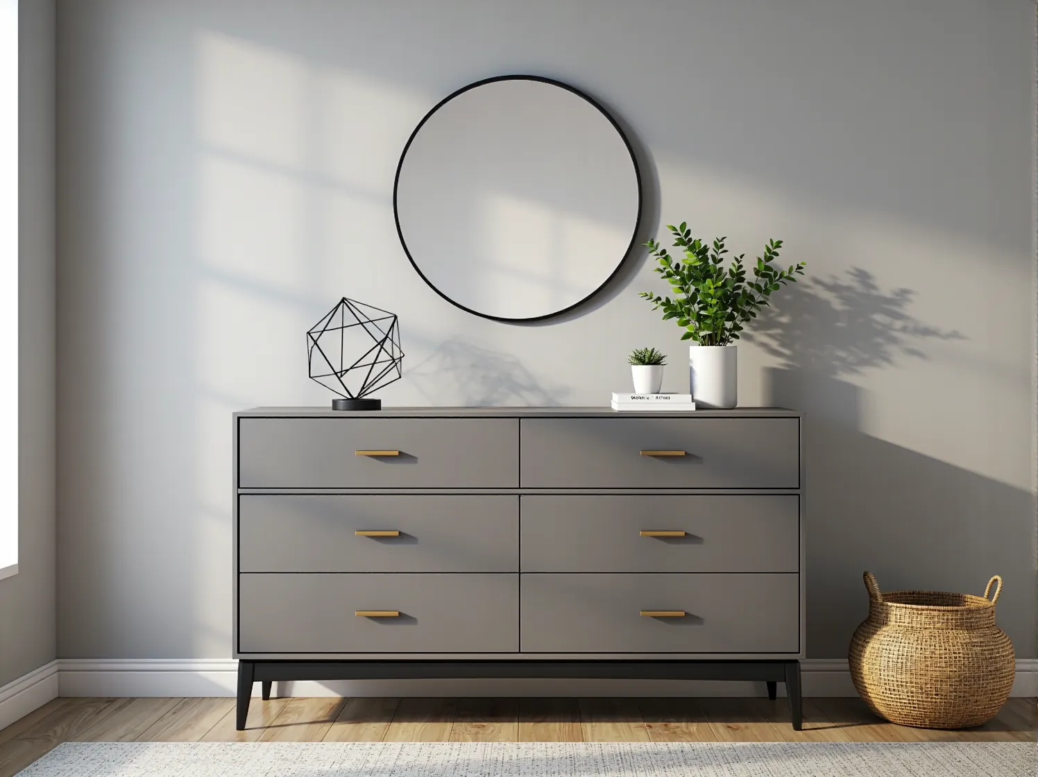 Zbliżenie na lniane poduszki i wełniany pled w neutralnych kolorach na odnowionej, szarej kanapie.