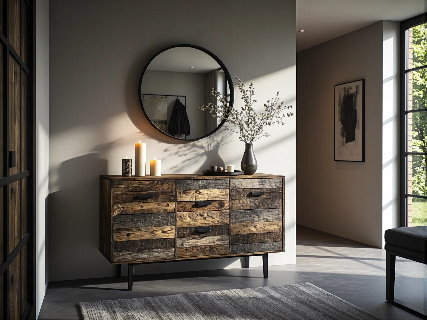Elegancka, ciemna komoda z materiałów odnawialnych. Funkcjonalny i trwały mebel w ekologicznym stylu.