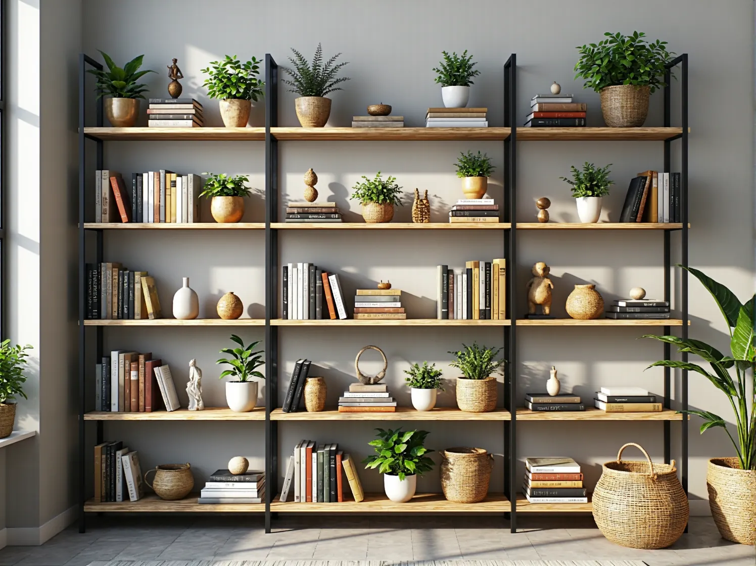 Zbliżenie na regał na książki z elementami makramy, pokazujący rzemieślniczy detal w aranżacji boho.