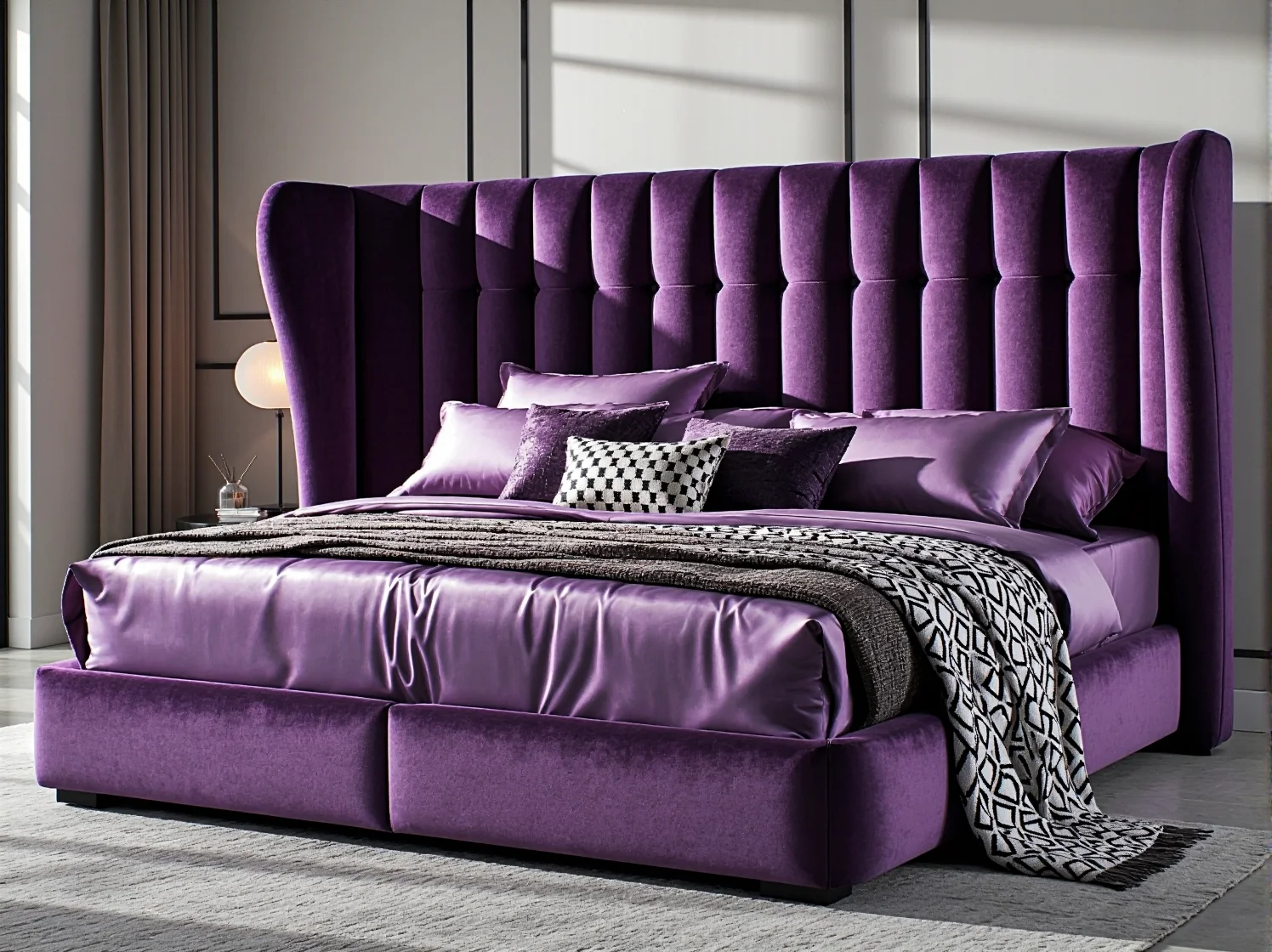Welurowe łóżko modułowe w sypialni glamour – połączenie luksusu i funkcjonalności.