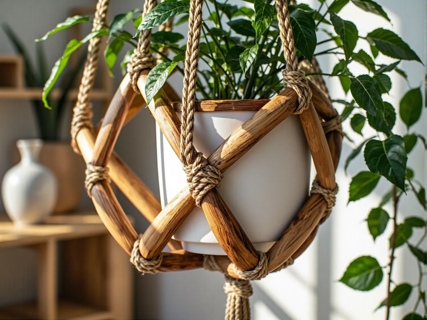 Zbliżenie na detal drewnianego wieszaka DIY, pokazujące strukturę drewna i solidny węzeł podtrzymujący roślinę.