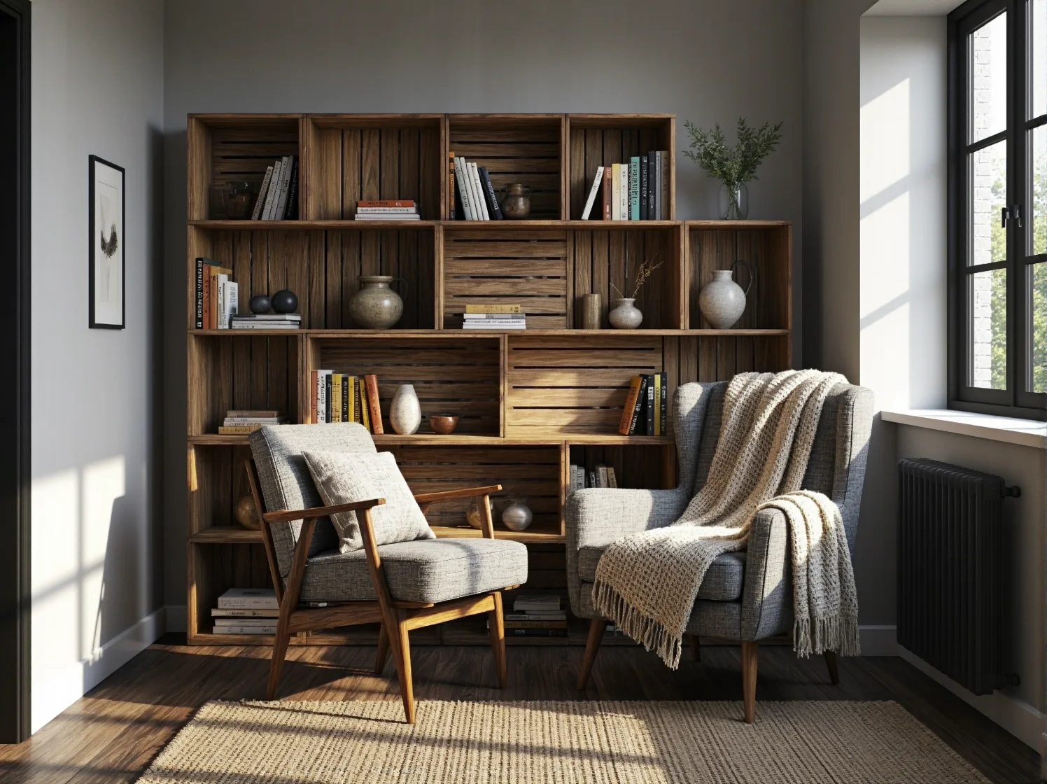 Aranżacja wnętrza w stylu 'powrót do natury'. Dużo roślin doniczkowych, drewniane dodatki i naturalne światło.