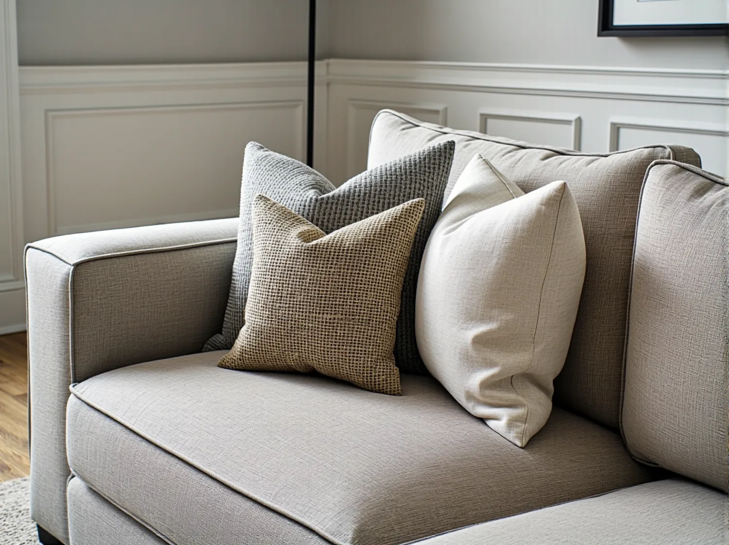 Komfortowy narożnik w klasycznym salonie, podkreślający połączenie funkcjonalności i ponadczasowej elegancji.