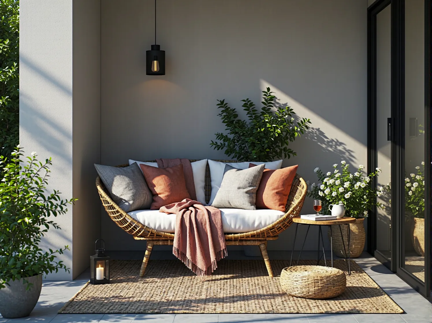 Zbliżenie na detale luksusowych mebli na taras: grube poduszki i solidna, aluminiowa konstrukcja.