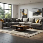 Narożnik wypoczynkowy szary na drewnianych nóżkach z poduszkami