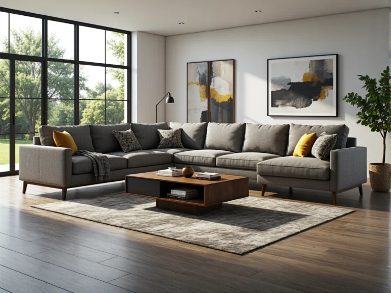 Narożnik wypoczynkowy szary na drewnianych nóżkach z poduszkami