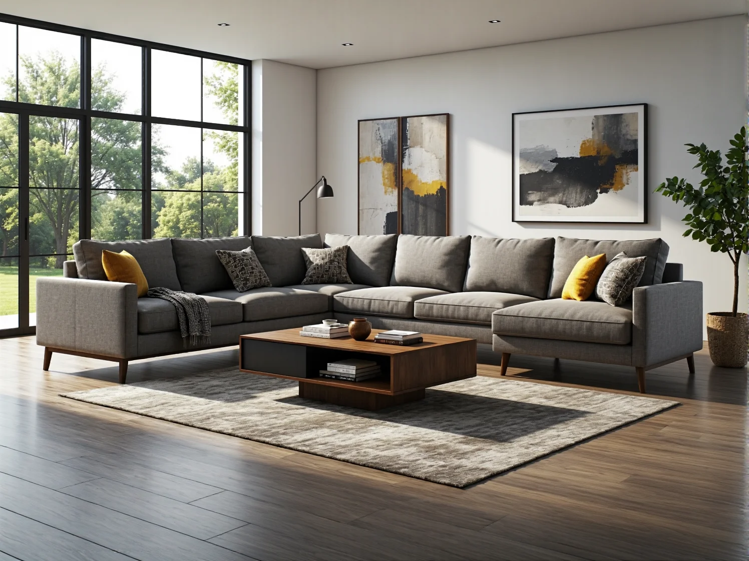 Narożnik wypoczynkowy szary na drewnianych nóżkach z poduszkami