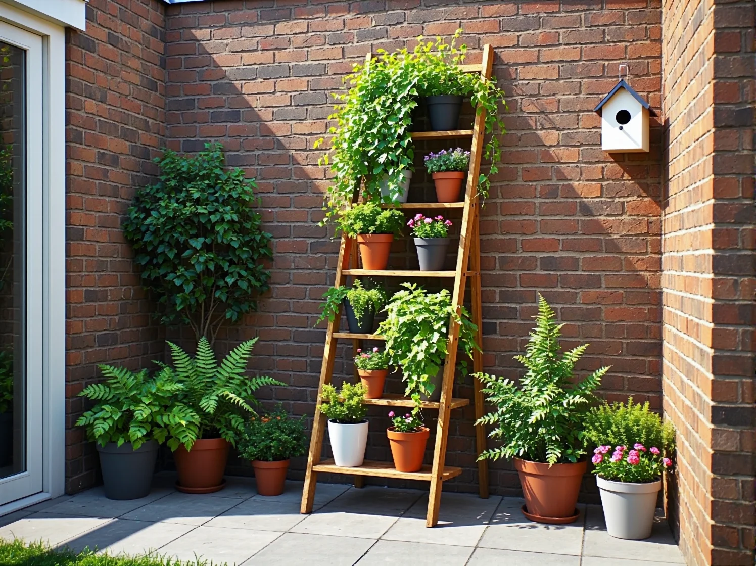 Komplet białych mebli ogrodowych z palet z szarymi poduszkami. Pomysł na tanie i ekologiczne wyposażenie tarasu.