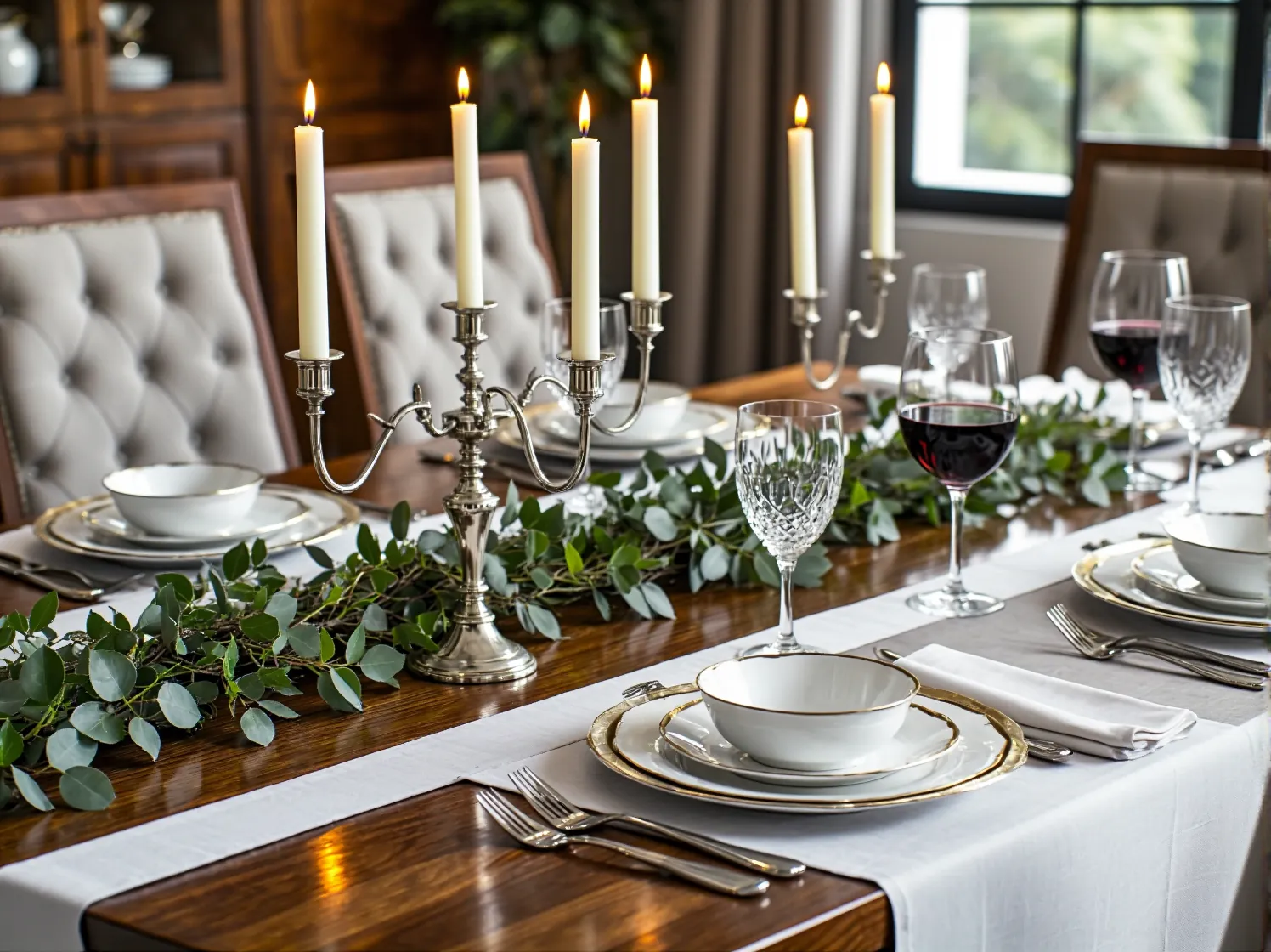 Złoty żyrandol z kryształkami, dodający luksusu i blasku do tradycyjnego wnętrza jadalni.